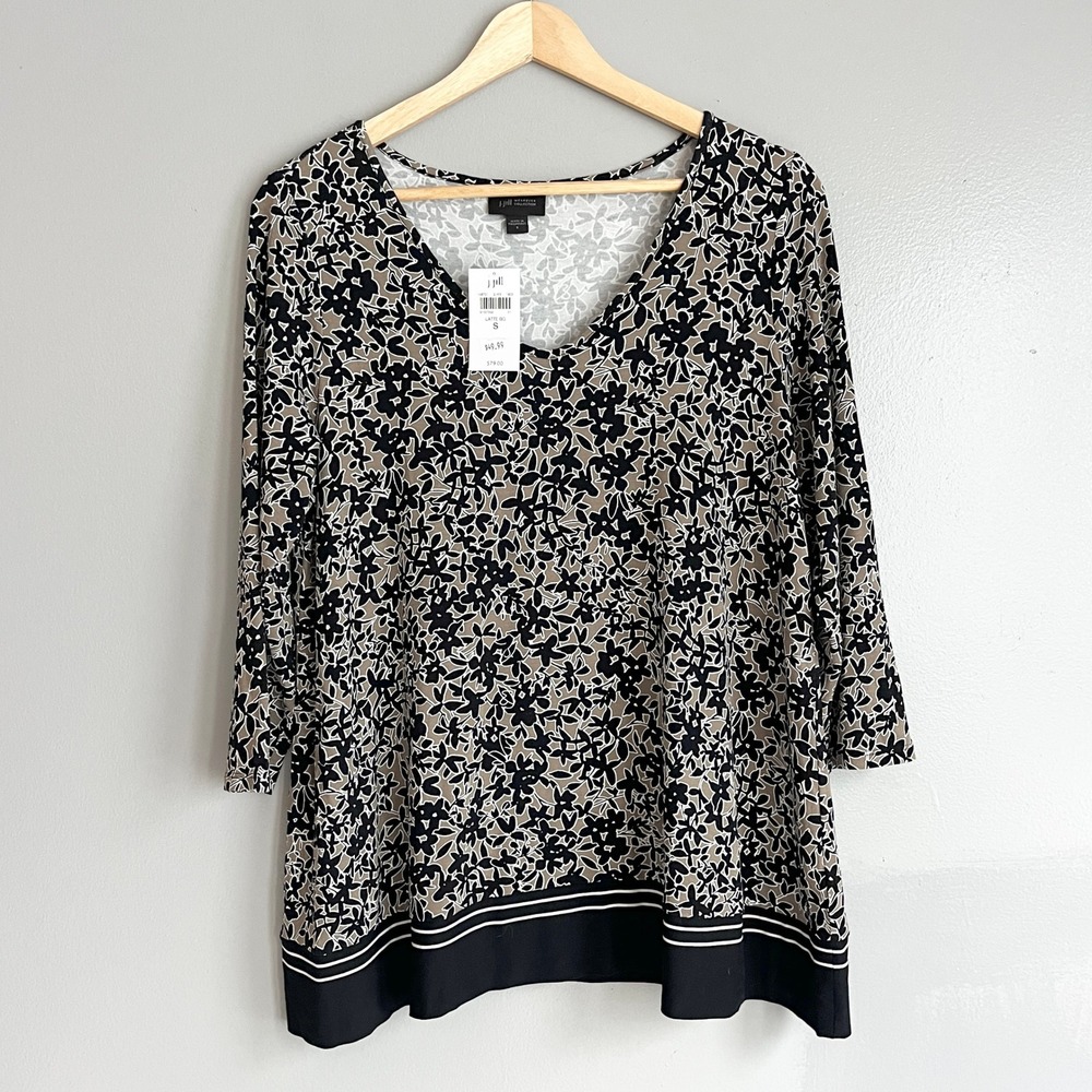 J. Jill Wearever Tunic Top Womens Small Black Tan Floral 3/4 Sleeve Boho NWT